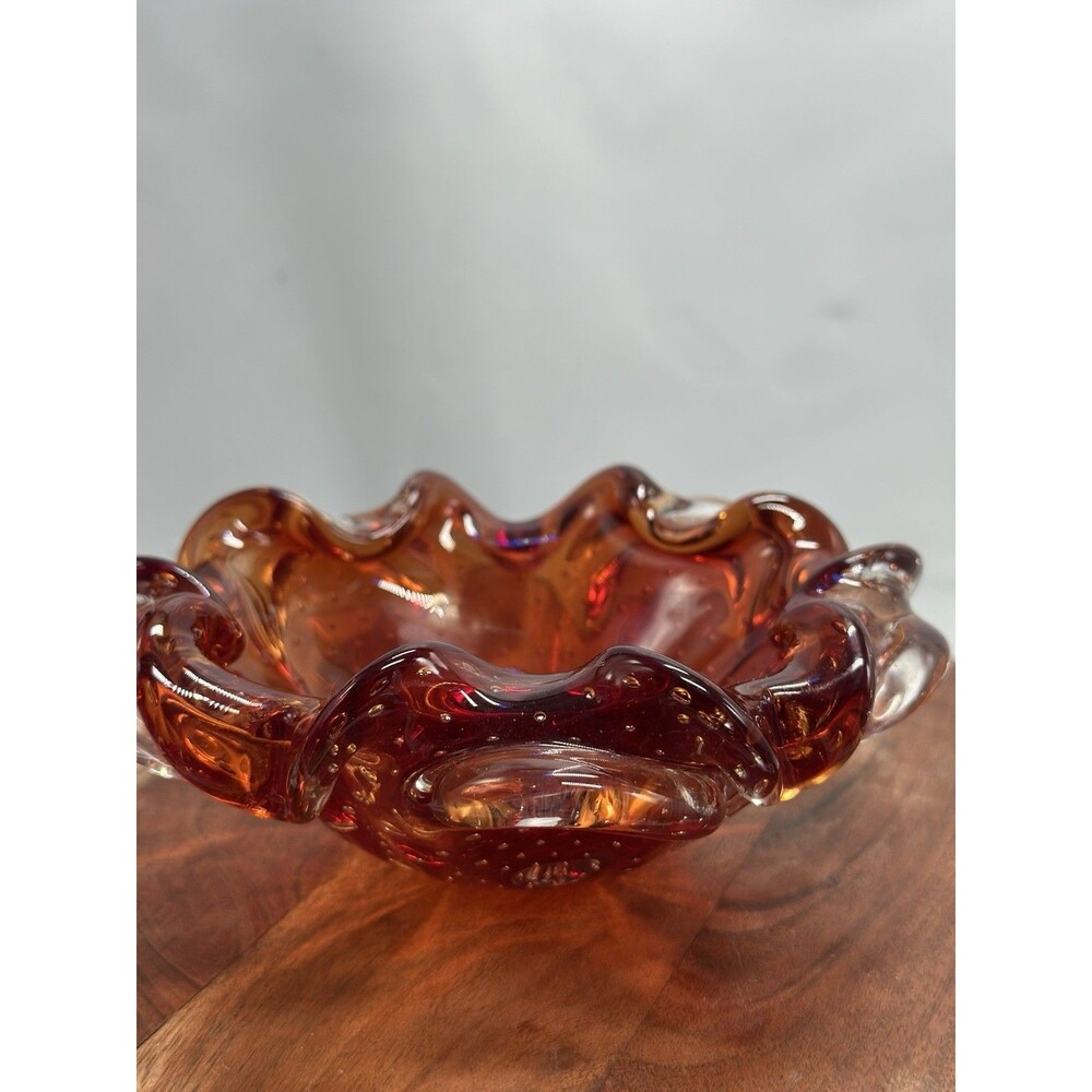 Art Glass Amber Orange Clear Bowl Ashtray Candy Dish Trinket Dresser Murano